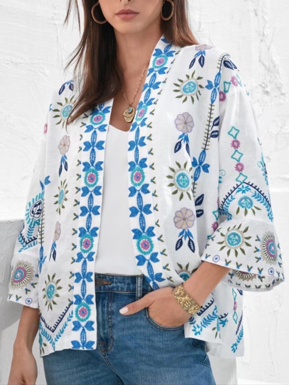 Johnny Was Embroidered Floral Open-Front Jacket with Blue Accents, NWOT, Size M